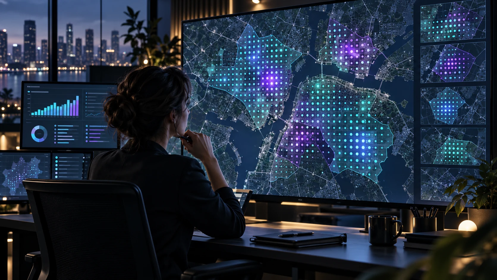 An analyst studies illustrated cyan and purple service-area observation grids across several large map displays.