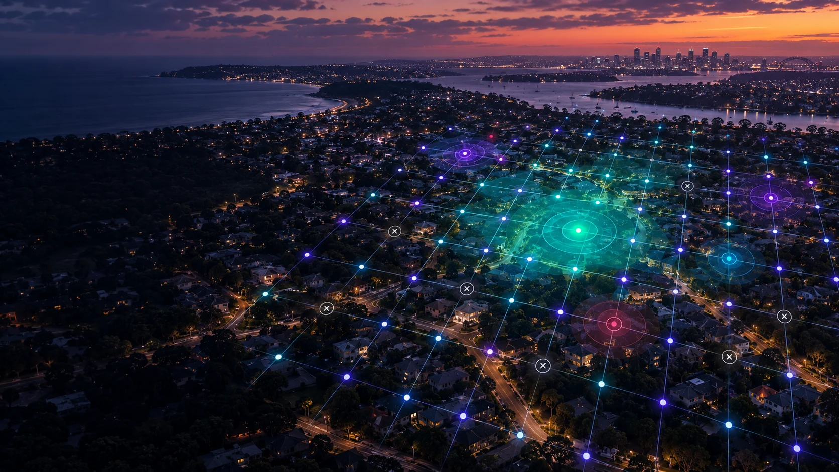 An aerial service area is overlaid with illustrated grid points and missing-observation markers at dusk.